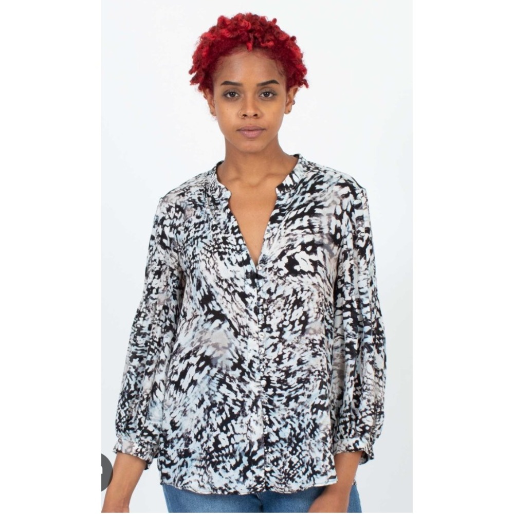 Parker Women's Blouse Top Medium Black White Abstract Print‎ Long Sleeve